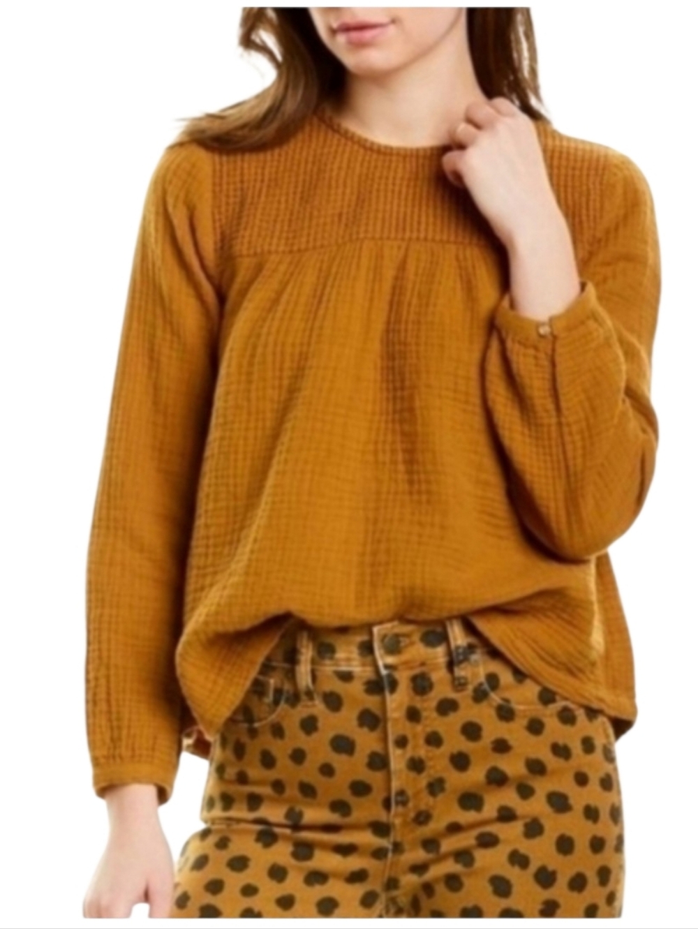 Madewell Long-Sleeved Smocked Gauze Swing Top Women's Extra Small Antique Gold